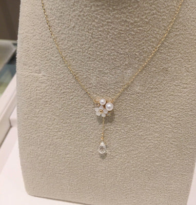 Weiße Muschelperle, Diamantkristall-Anhänger-Halskette